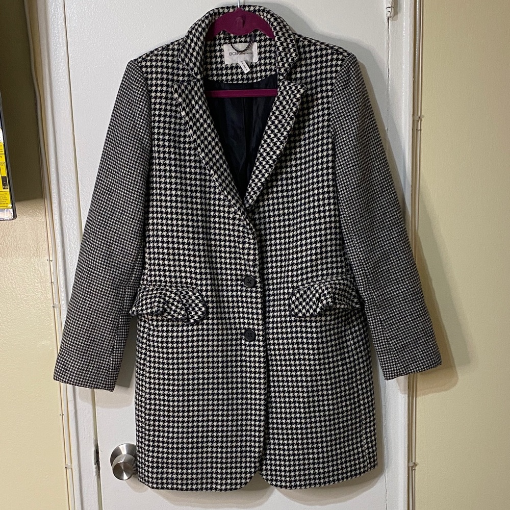 BCBG Generation Houndstooth Coat Women's Small Black White Lined Jacket